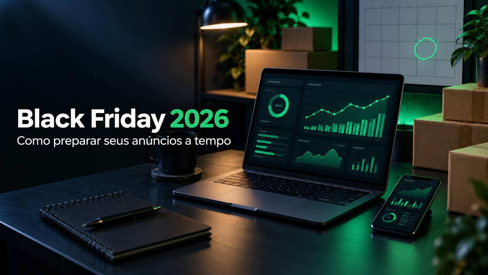 Mesa de trabalho com painéis de anúncios para a Black Friday 2026