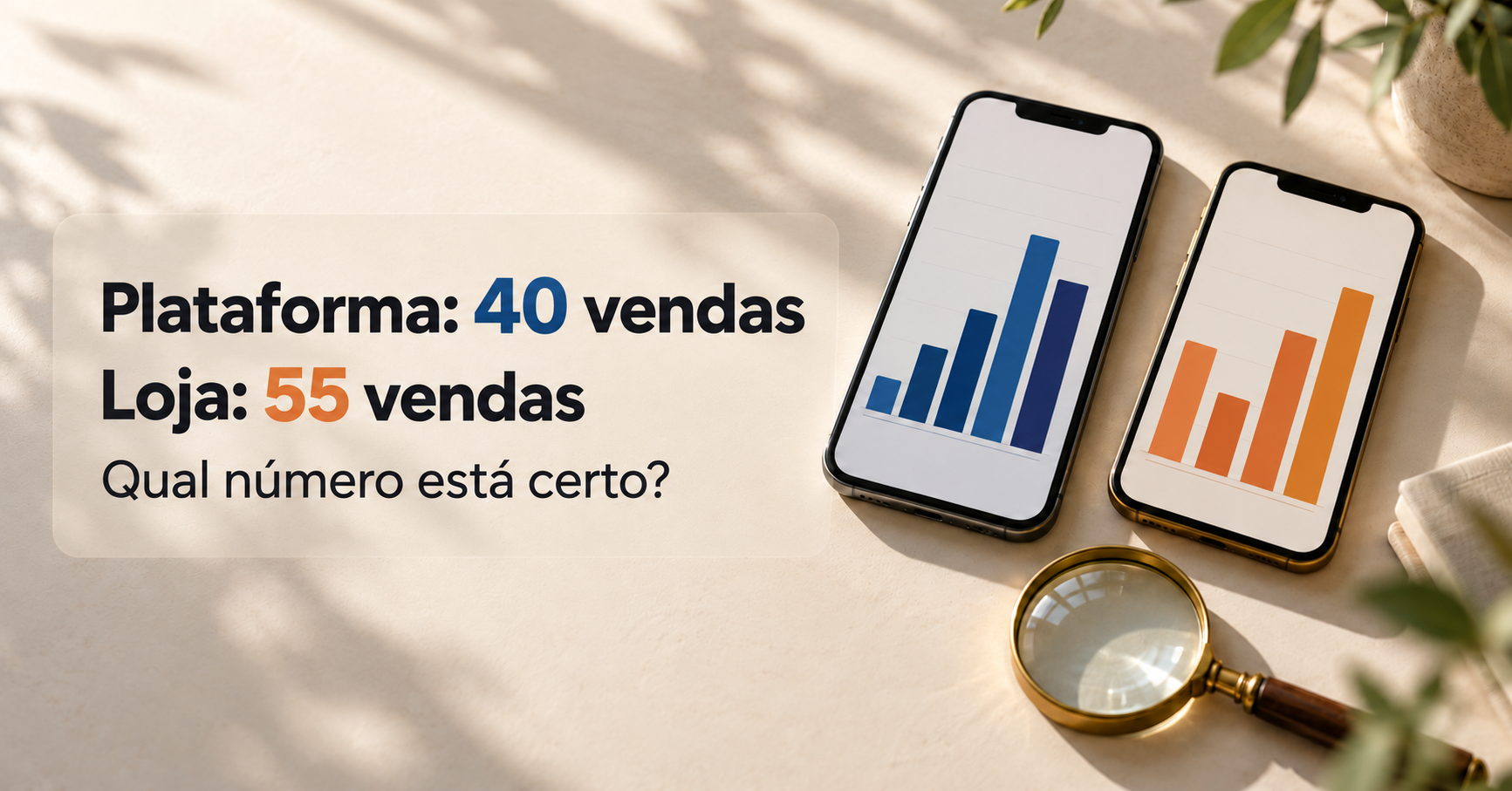 Dois celulares sobre a mesa com gráficos diferentes, um azul e um laranja, ao lado do texto "Plataforma: 40 vendas, Loja: 55 vendas, Qual número está certo?" sobre rastreamento de conversões.